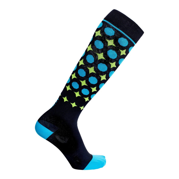 knee-high-support-navy-aque-toe-heel-topband-stars-green-cirles-blue-midleg-achi-plus-powertech-one-stop-compression-sox