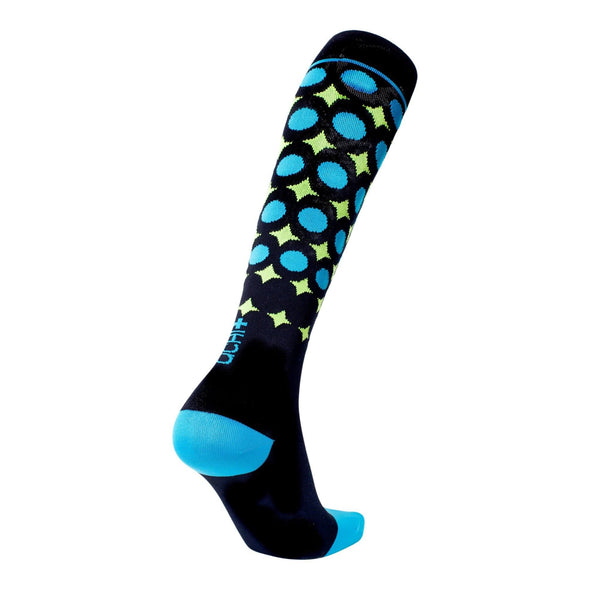 knee-high-support-navy-aque-toe-heel-topband-stars-green-cirles-blue-midleg-achi-plus-powertech-one-stop-compression-sox