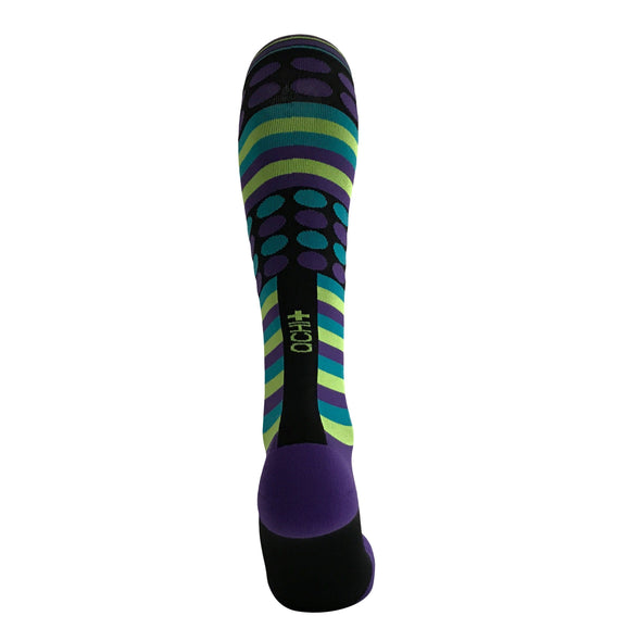 knee-high-compression-socks-purple-blue-green-horizontal-stripes-blue-purple-dots-achi-rockndot-one-stop-compression-sox