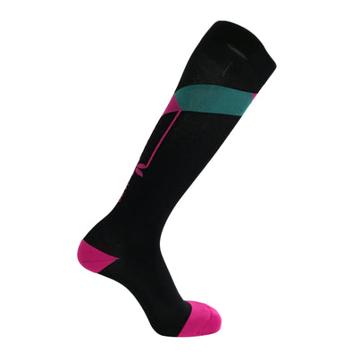 knee-high-compression-socks-blueblack-pink-toe-heel-aqua-stripe-achi-plus-spirittech-one-stop-compression-sox