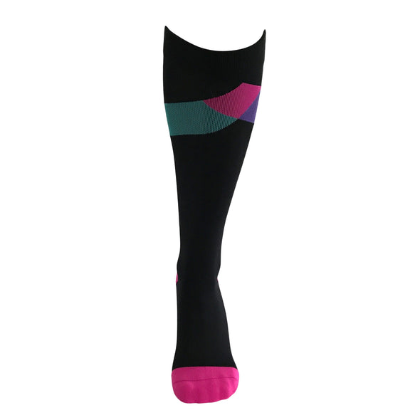 knee-high-compression-socks-blueblack-pink-toe-heel-aqua-stripe-achi-plus-spirittech-one-stop-compression-sox