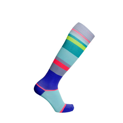 knee-high-compression-socks-horizontal-red-yellow-green-stripes-blue-toe-heel-achi-urbanestripe-one-stop-compression-sox