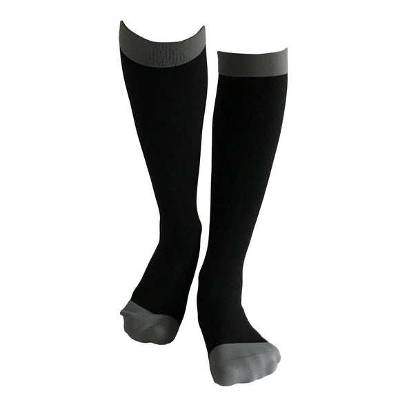 black-knee-length-support-socks-with-grey-toe-grey-upper-band-achi-classic-performance-one-stop-compression-sox